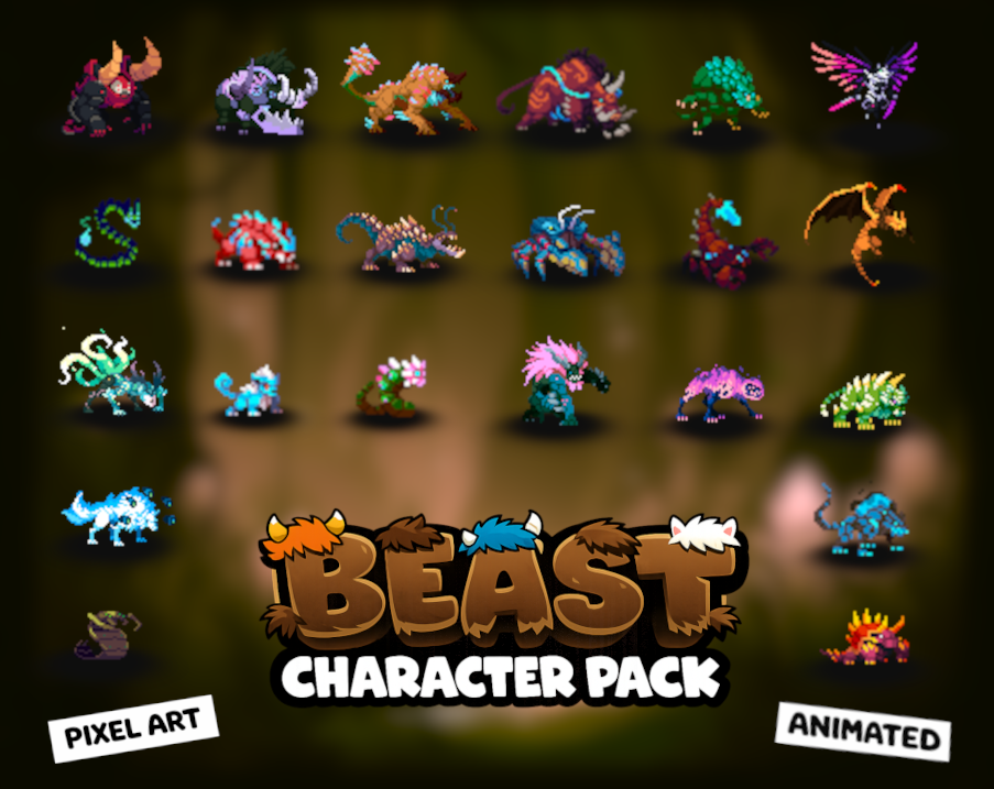50 Animated Pixel Art RPG Character Pack - Beasts