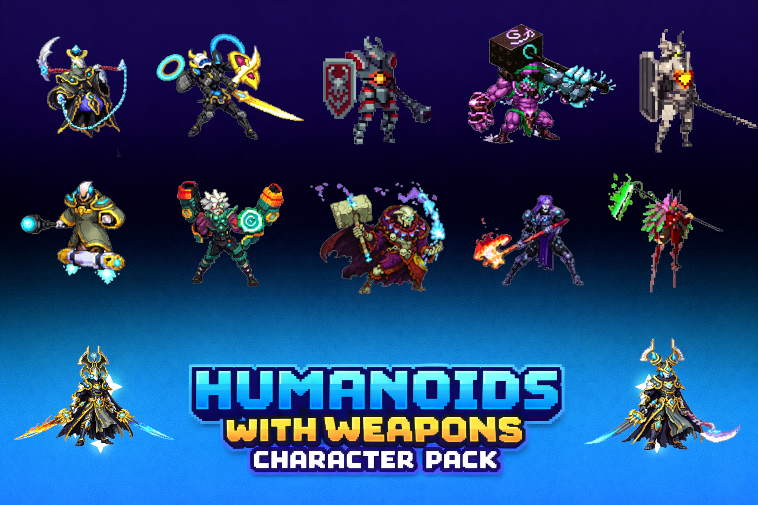 20 Animated Pixel Art RPG Character Pack - Humanoids with Weapons